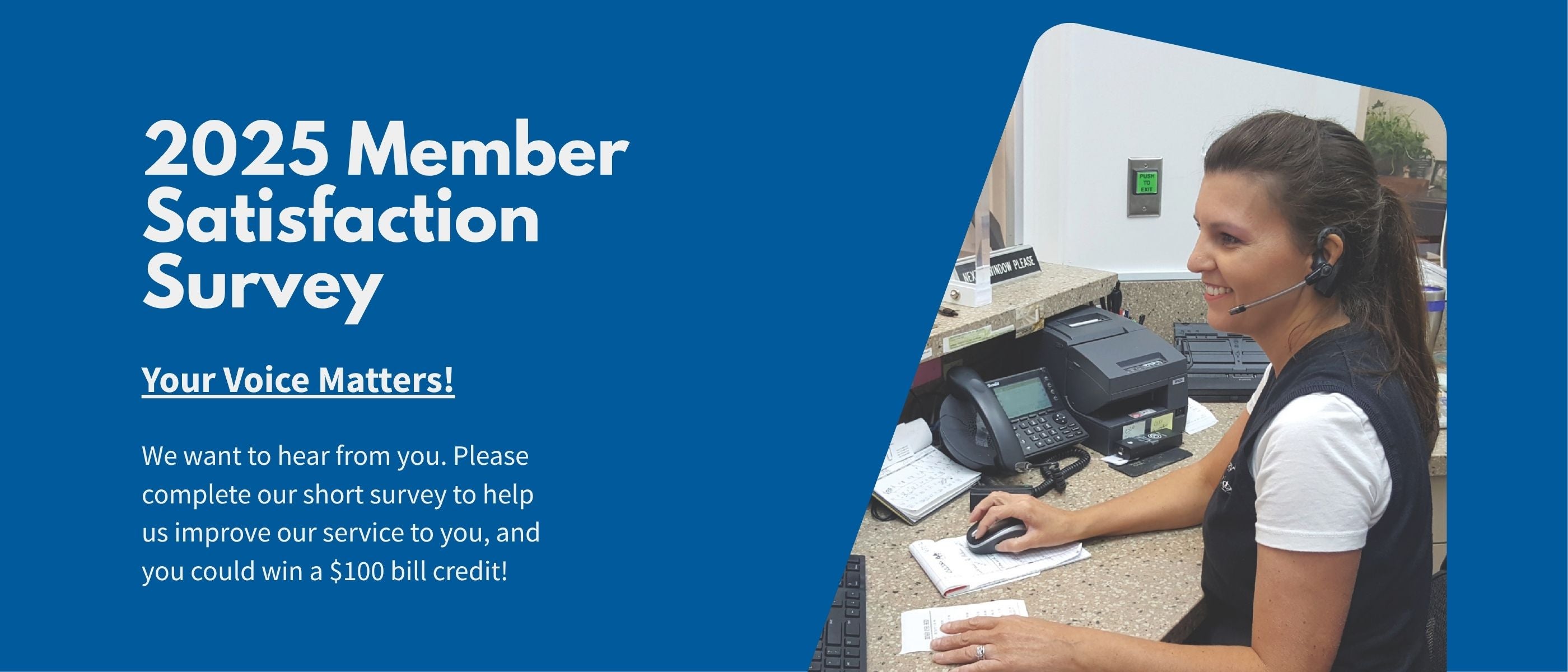 Cashier at desk, member survey info